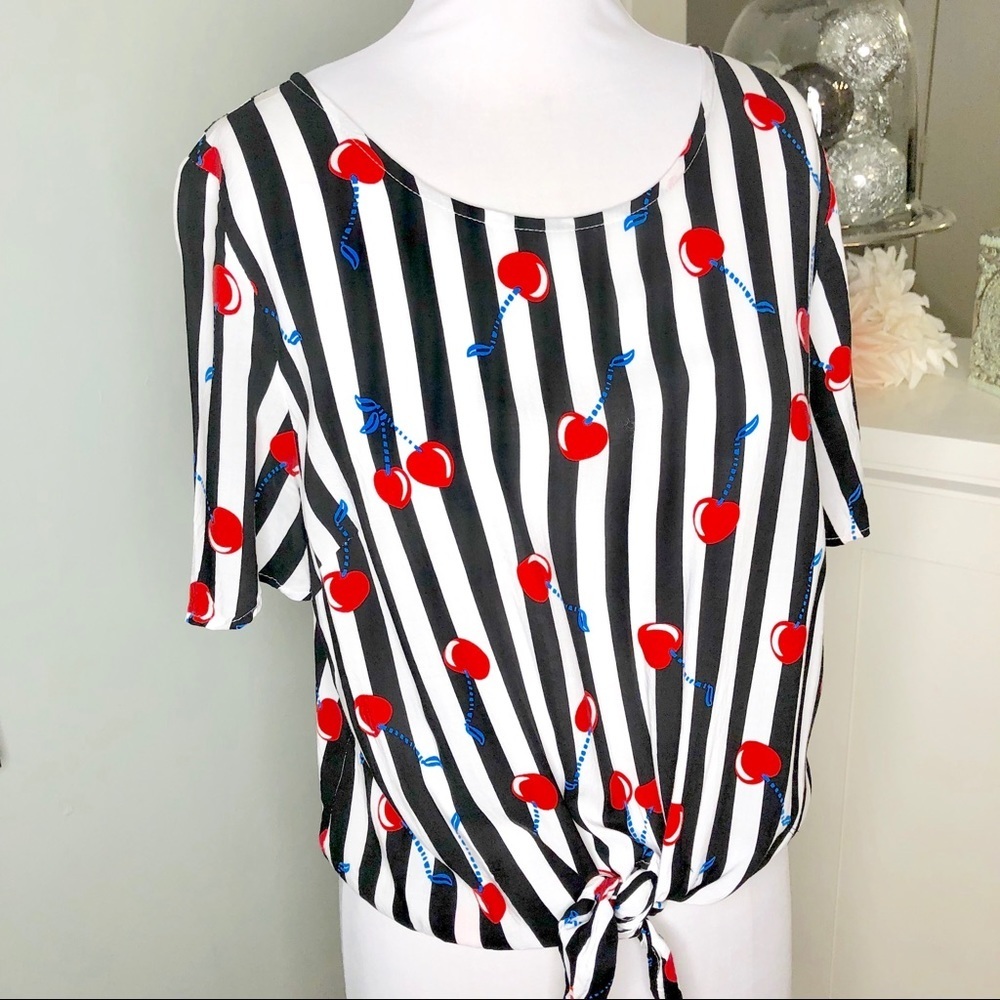 Cynthia Rowley Cherry Stripe Tie Front Top Retro Style Blouse - Picture 3 of 10